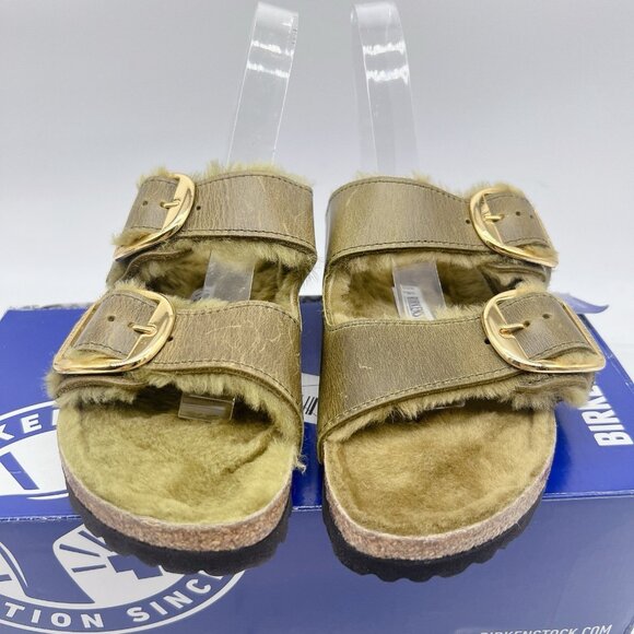 Birkenstock Arizona Big Buckle Shearling Olive Green Sandals Oil Leather EU 37 - Picture 5 of 13